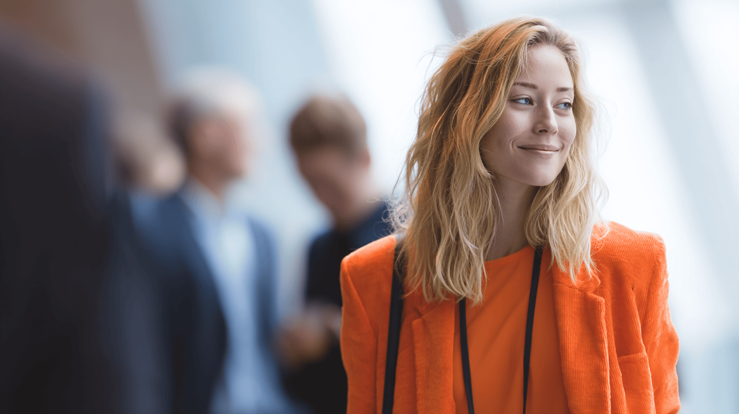 A smiling woman in an orange blazer and top stands in a blurred crowd at a bright indoor event setting.