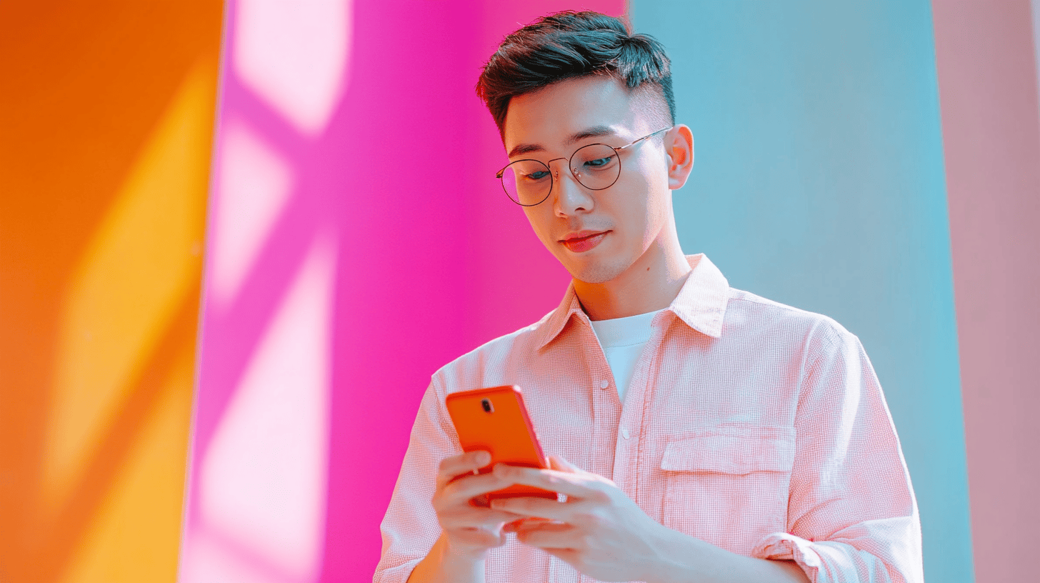 A young man wearing glasses holds a smartphone, standing against vibrant orange and pink walls.