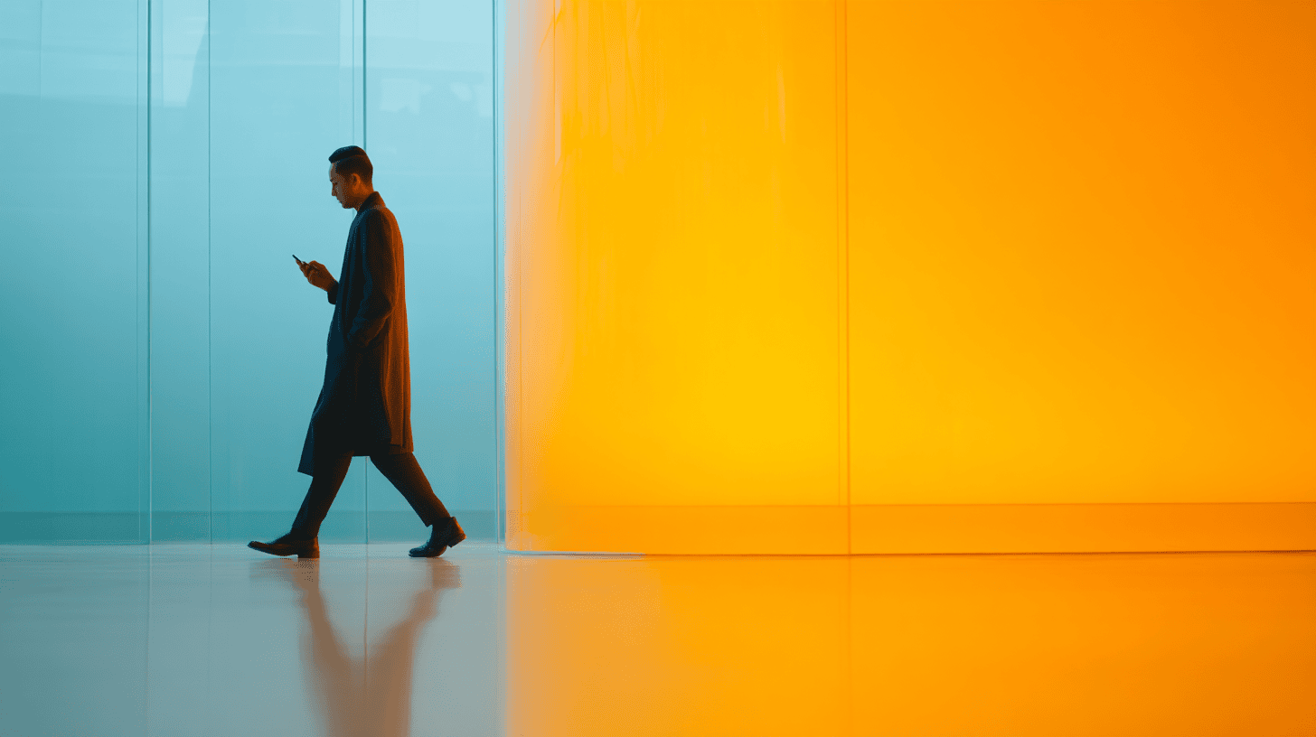 A person wearing a long coat walks past a blue and orange wall, looking at their phone in a modern space.