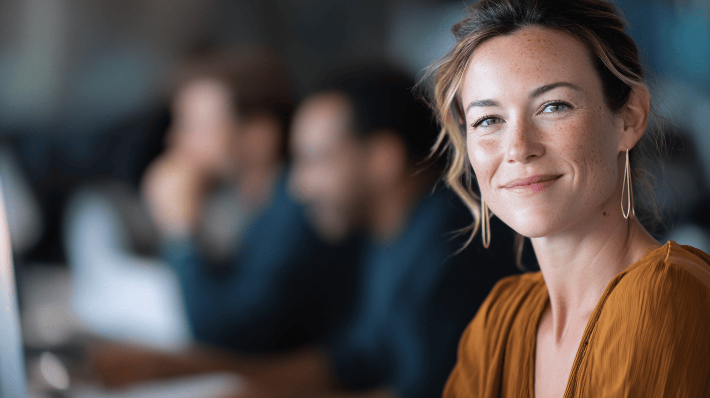 Smiling woman with freckles and earrings sits at a desk, with blurred colleagues in the background.