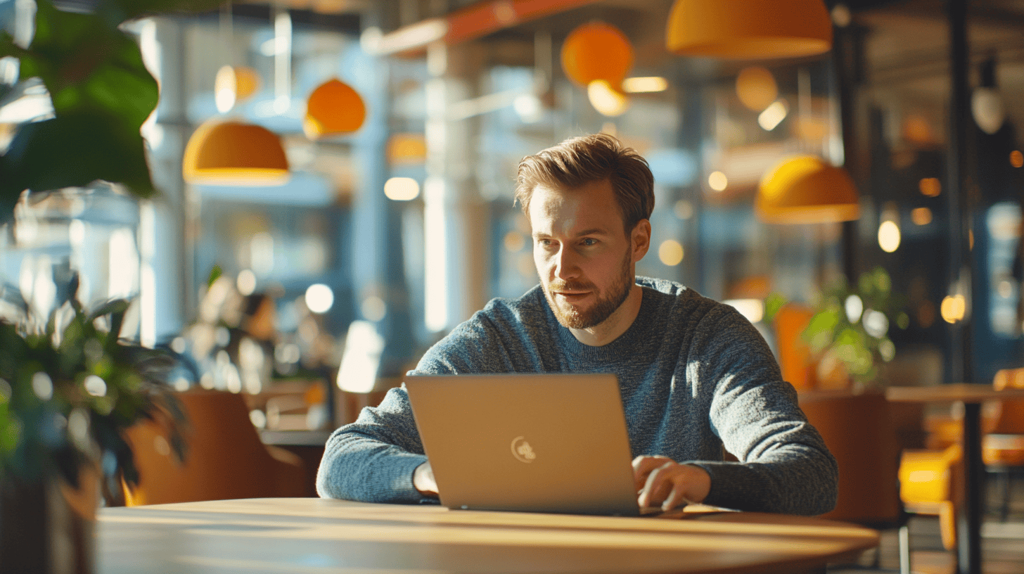 A man in a sweater sits at a table, working on a laptop in a bright, modern café with orange pendant lights.