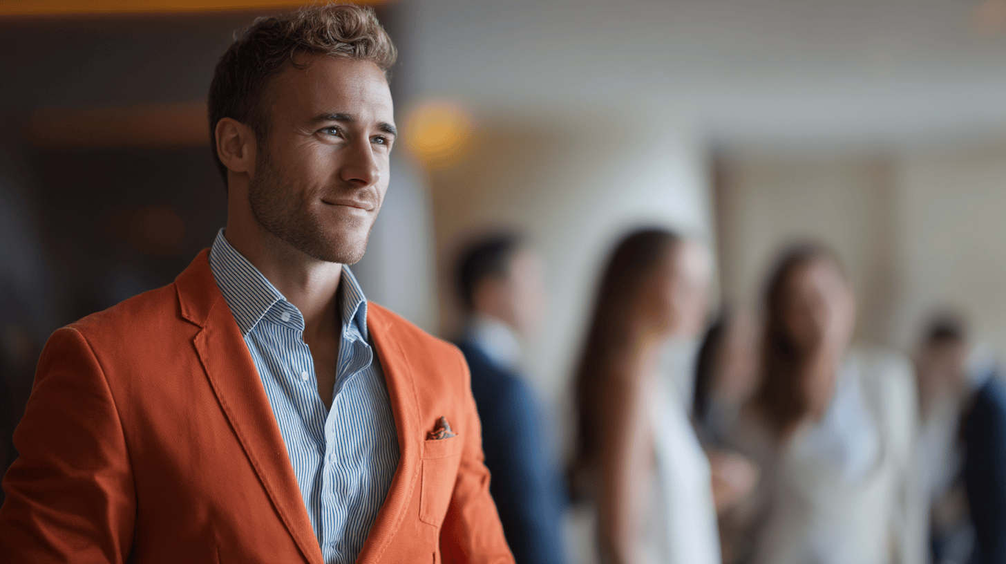 A young man in an orange blazer smiles, with blurred figures in business attire and a bright background.
