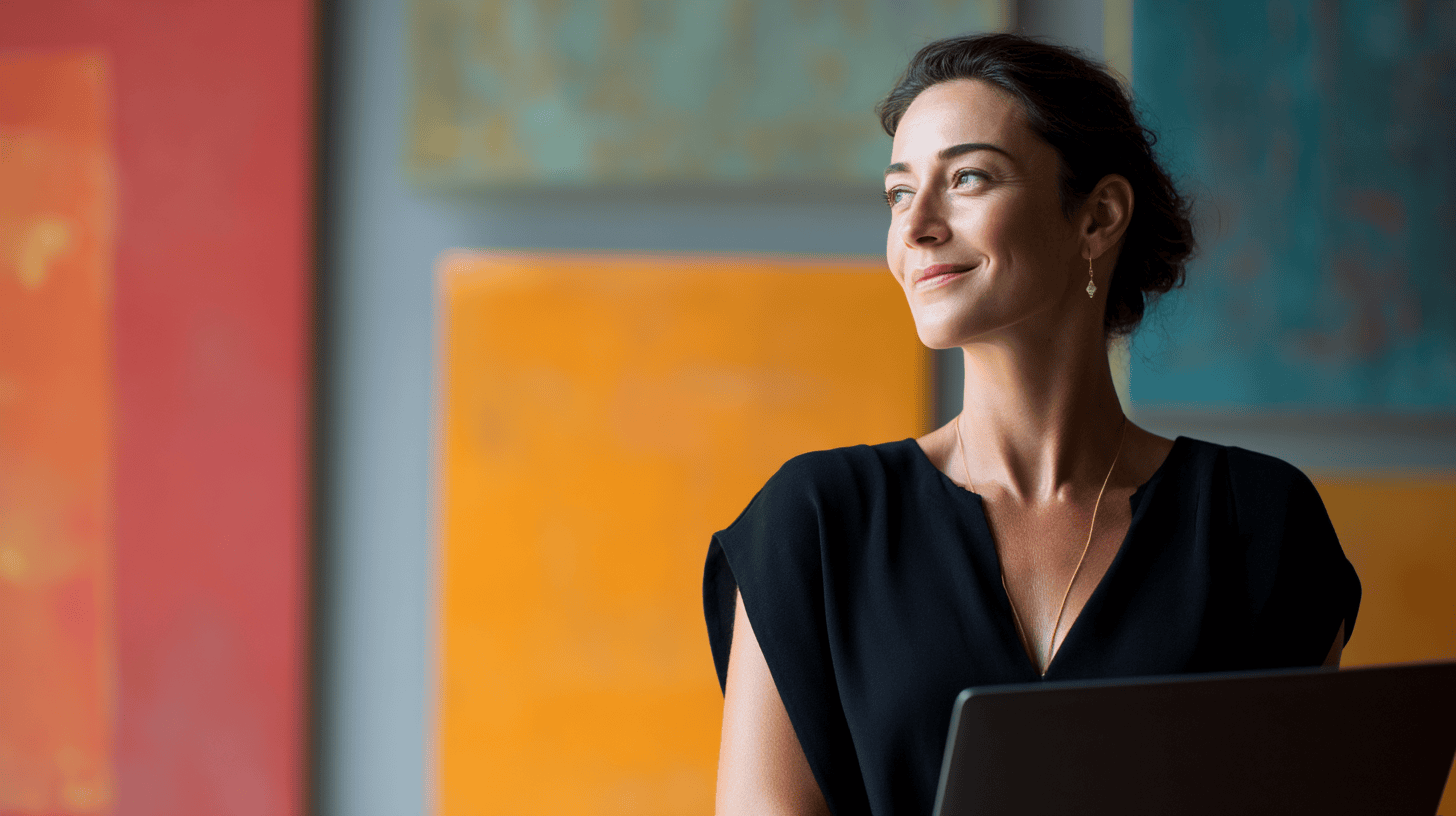 A woman in a black top smiles while looking off to the side, with colorful abstract art on the wall behind her.
