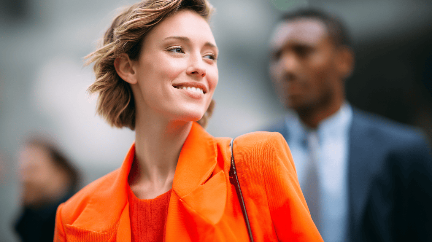 A smiling woman in an orange blazer walks confidently, with an out-of-focus man in a suit behind her.
