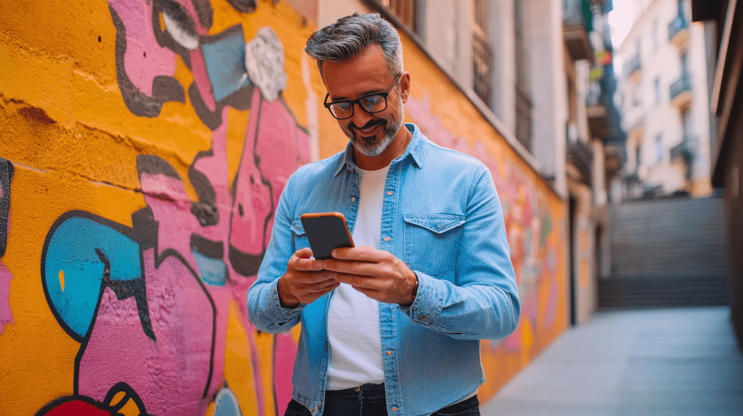 Man in a denim jacket smiles while using a smartphone against a colorful graffiti wall in a narrow street.
