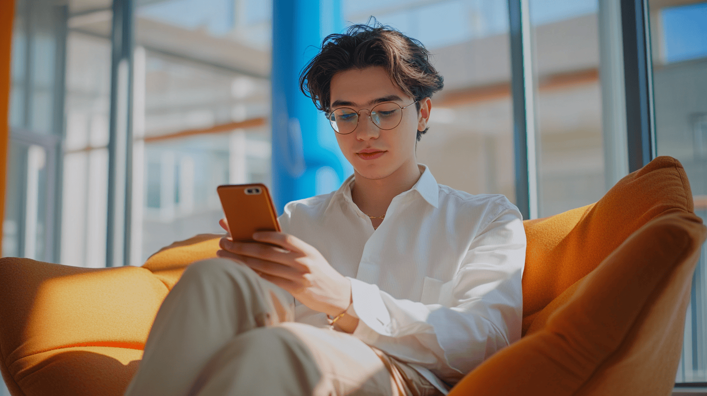 Young man with glasses sitting in an orange chair, looking at his smartphone in a well-lit indoor setting.