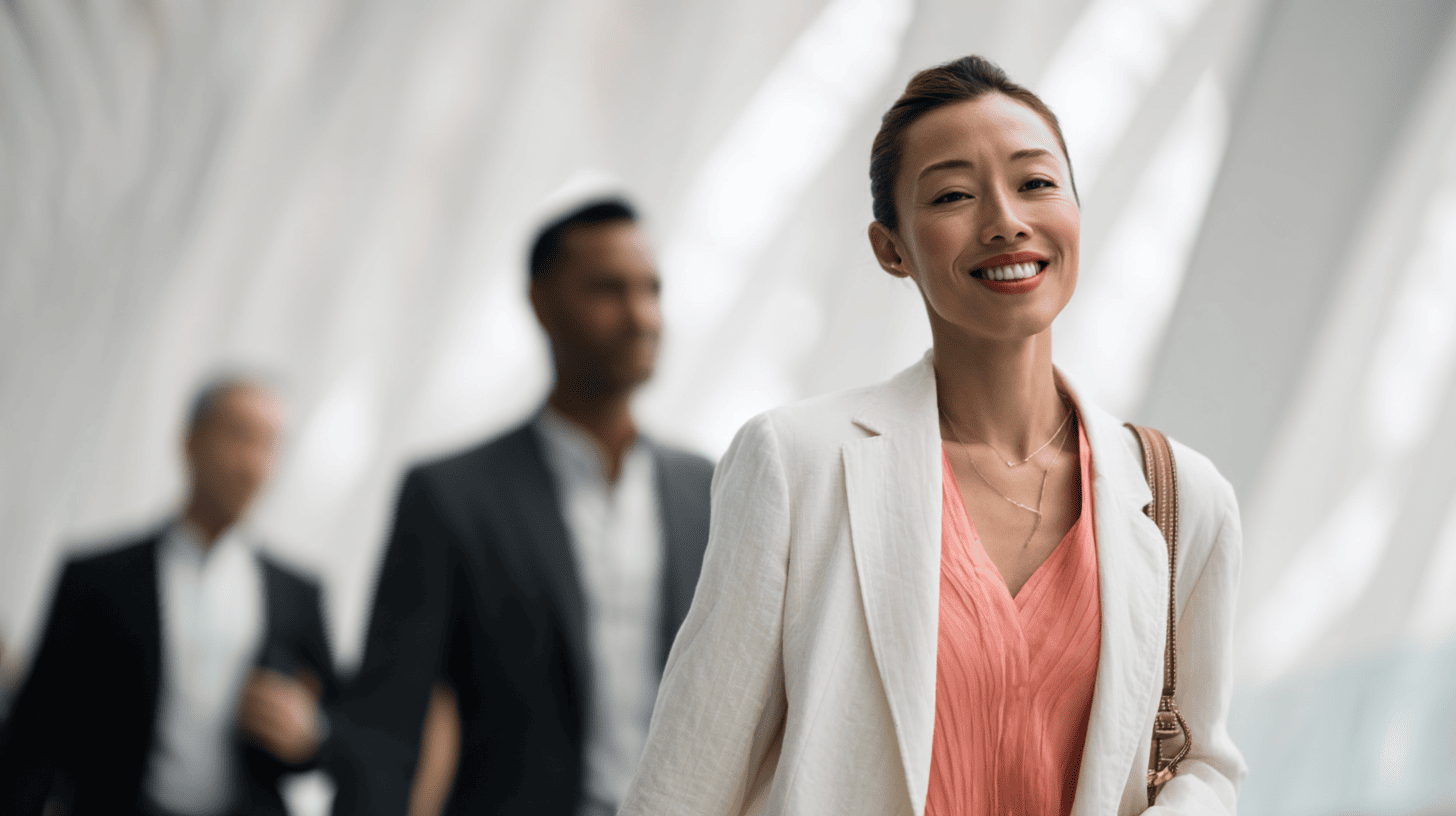 A smiling woman in a light blazer and pink blouse walks confidently in a modern setting, with blurred figures behind her.