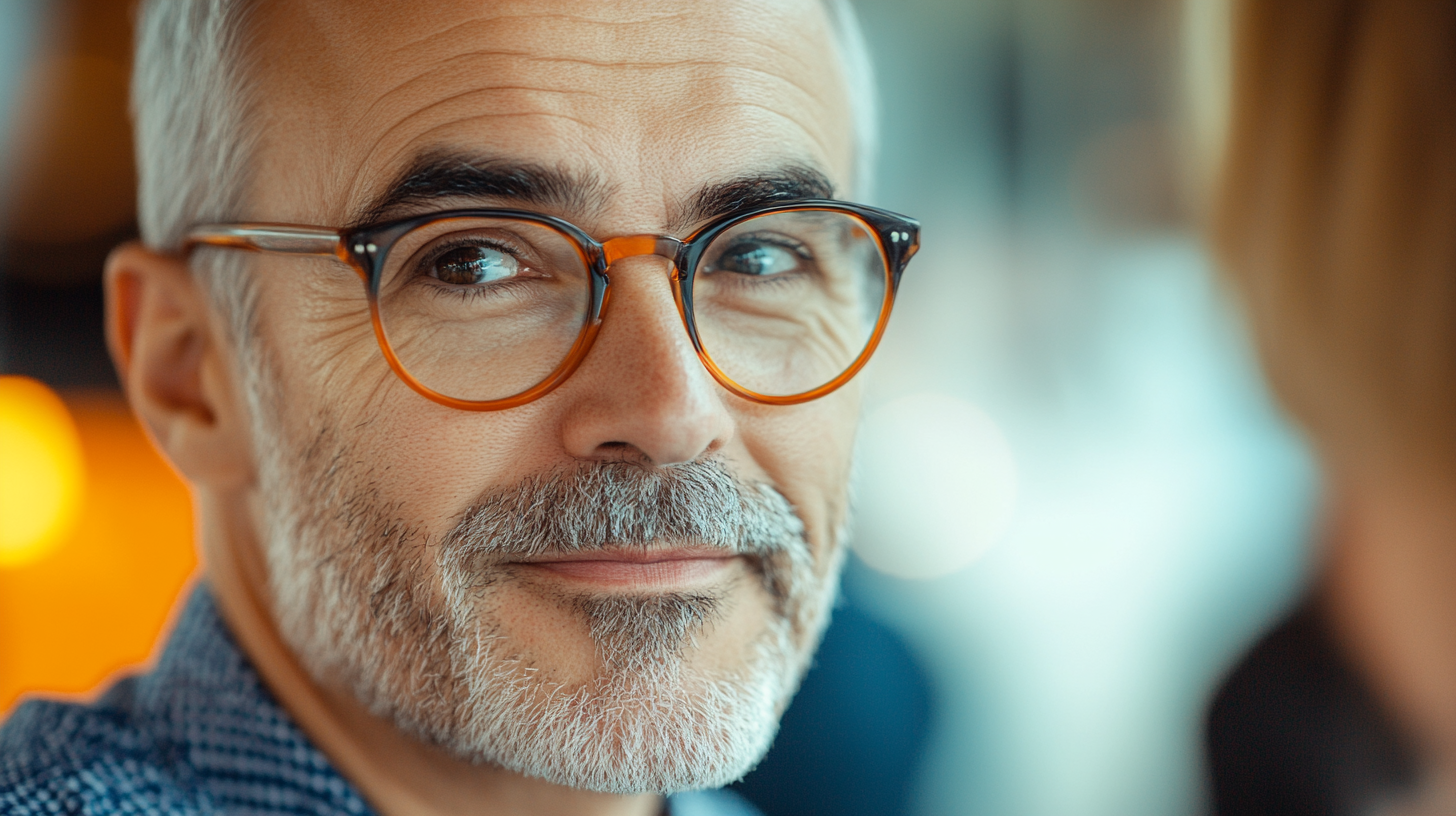 A close-up of a smiling older man with glasses and gray hair, sitting in a softly blurred interior setting.