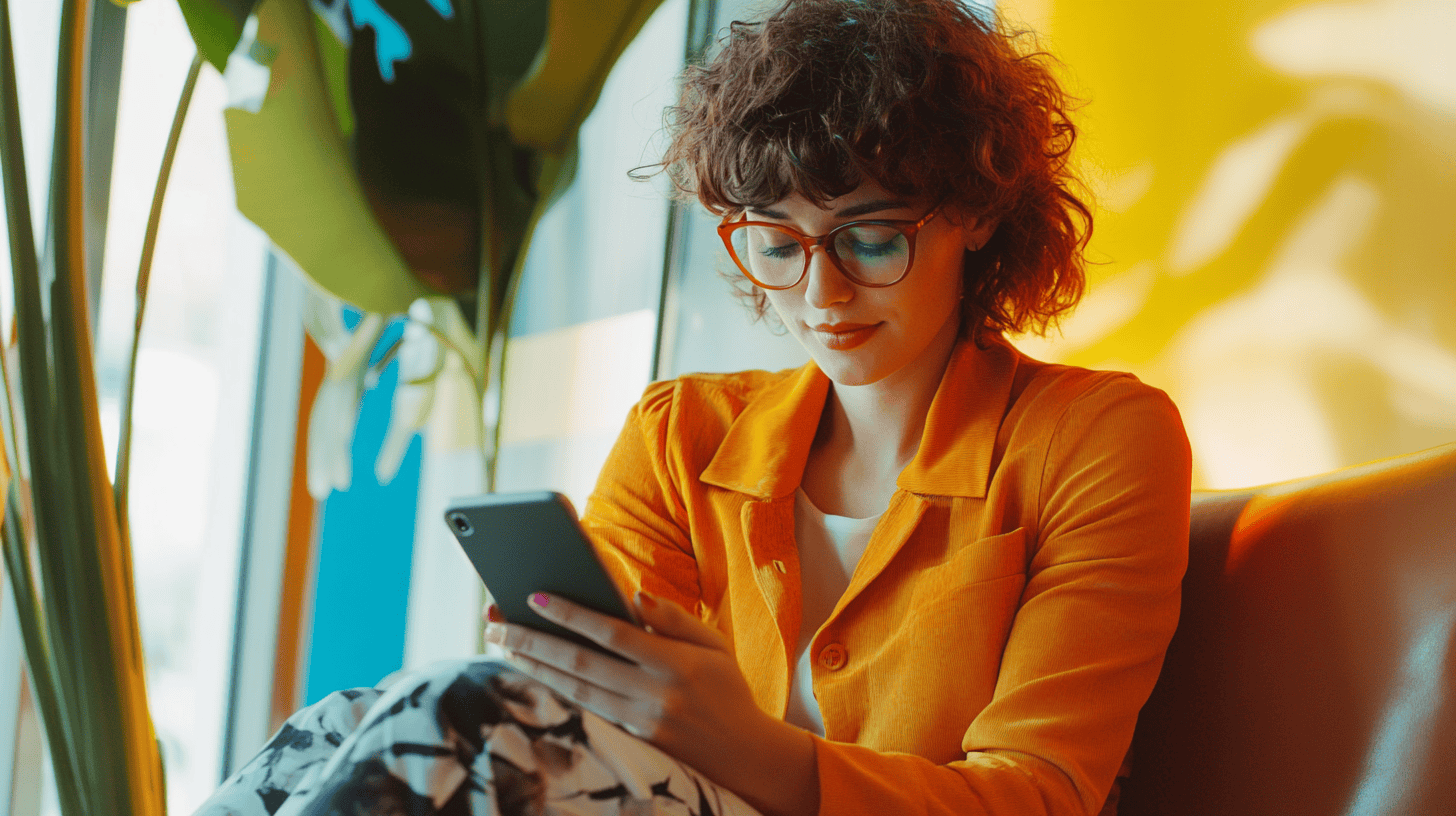 A woman in an orange jacket and glasses sits in a chair, focused on her smartphone, with large plants in the background.