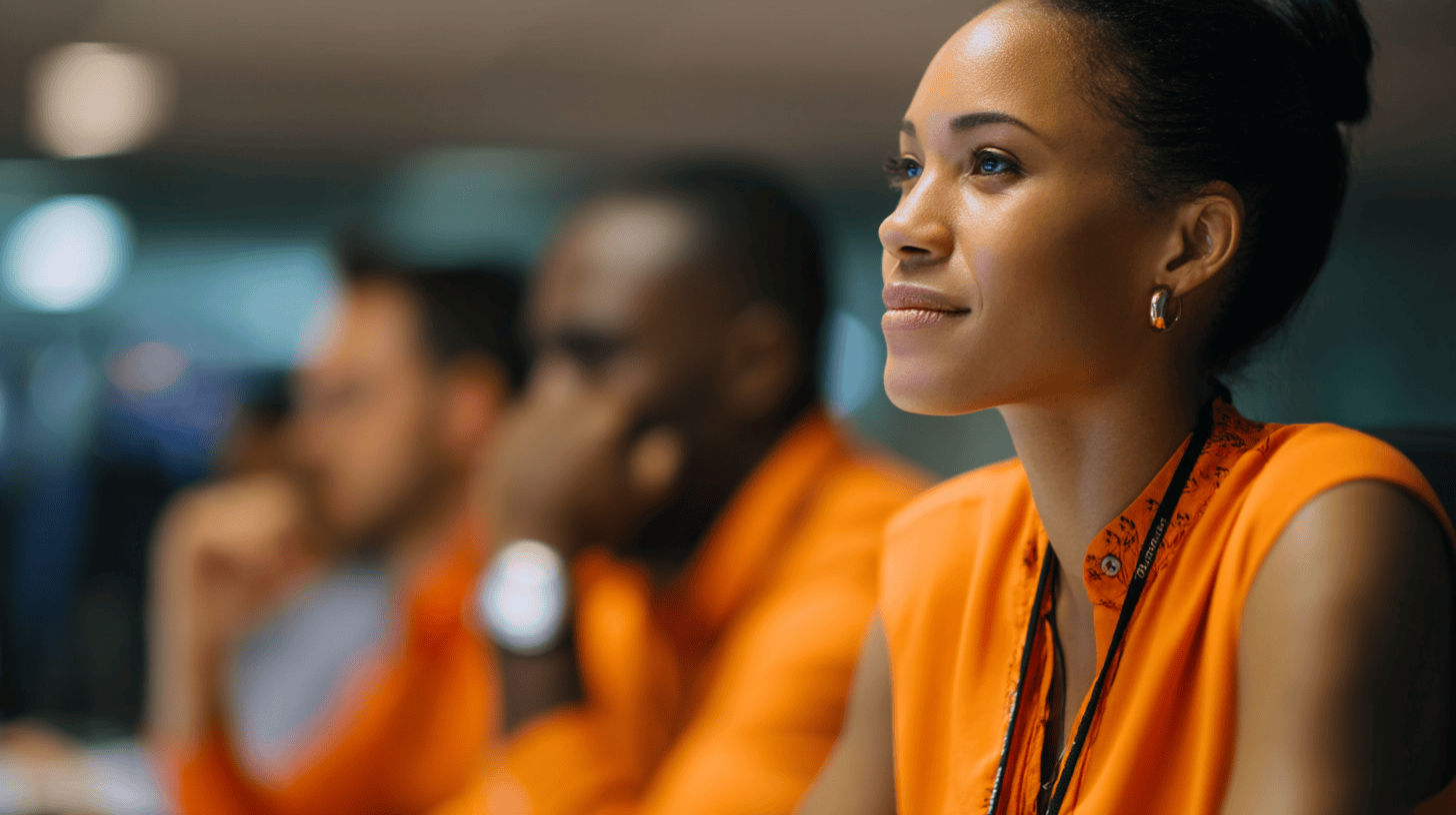 A woman in an orange blouse smiles while listening attentively, with two colleagues blurred in the background.