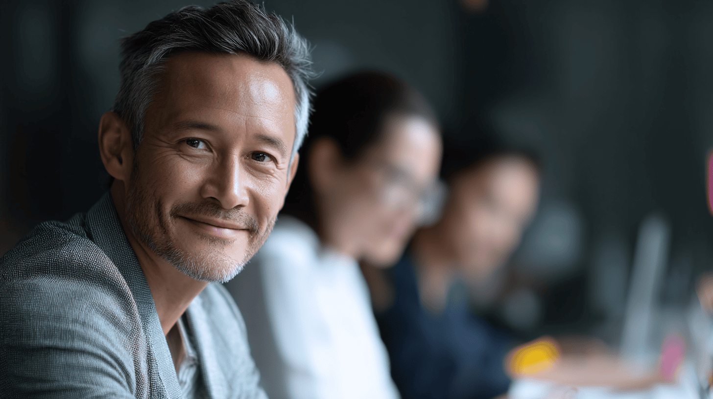 A smiling man in a gray blazer sits at a modern workspace, with blurred colleagues working in the background.