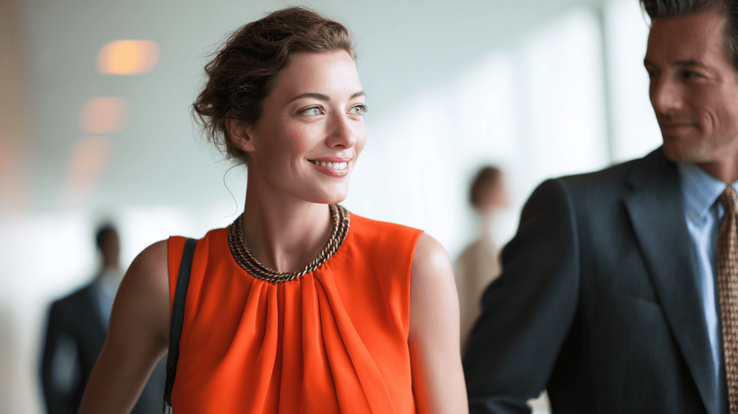 A smiling woman in an orange dress and necklace, walking alongside a man in a suit, with a blurred office background.