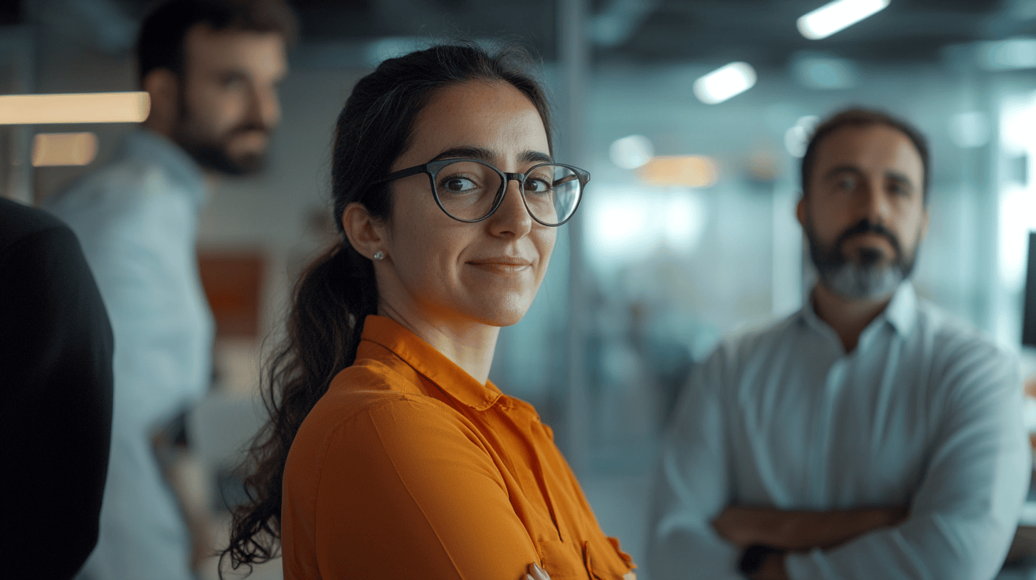 A woman in an orange shirt with glasses smiles at the camera, with two blurred men in the background.