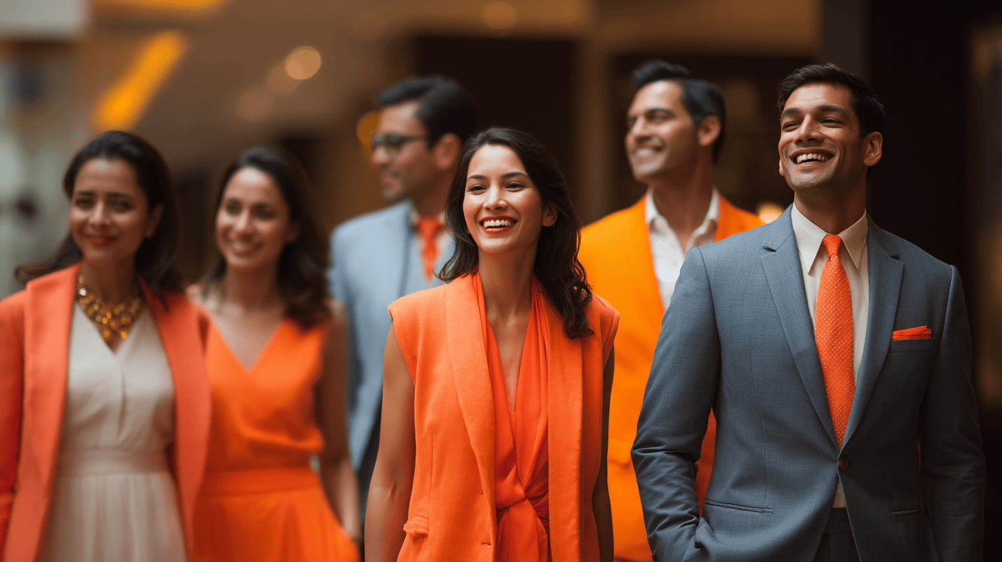 A diverse group of six people dressed in orange and gray outfits smiles while walking in a modern, stylish setting.
