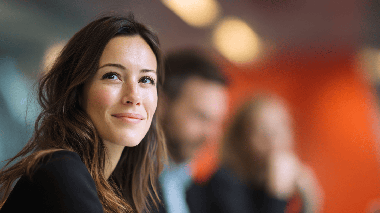 A woman with long hair smiles while looking to the side in a blurred group setting with an orange background.