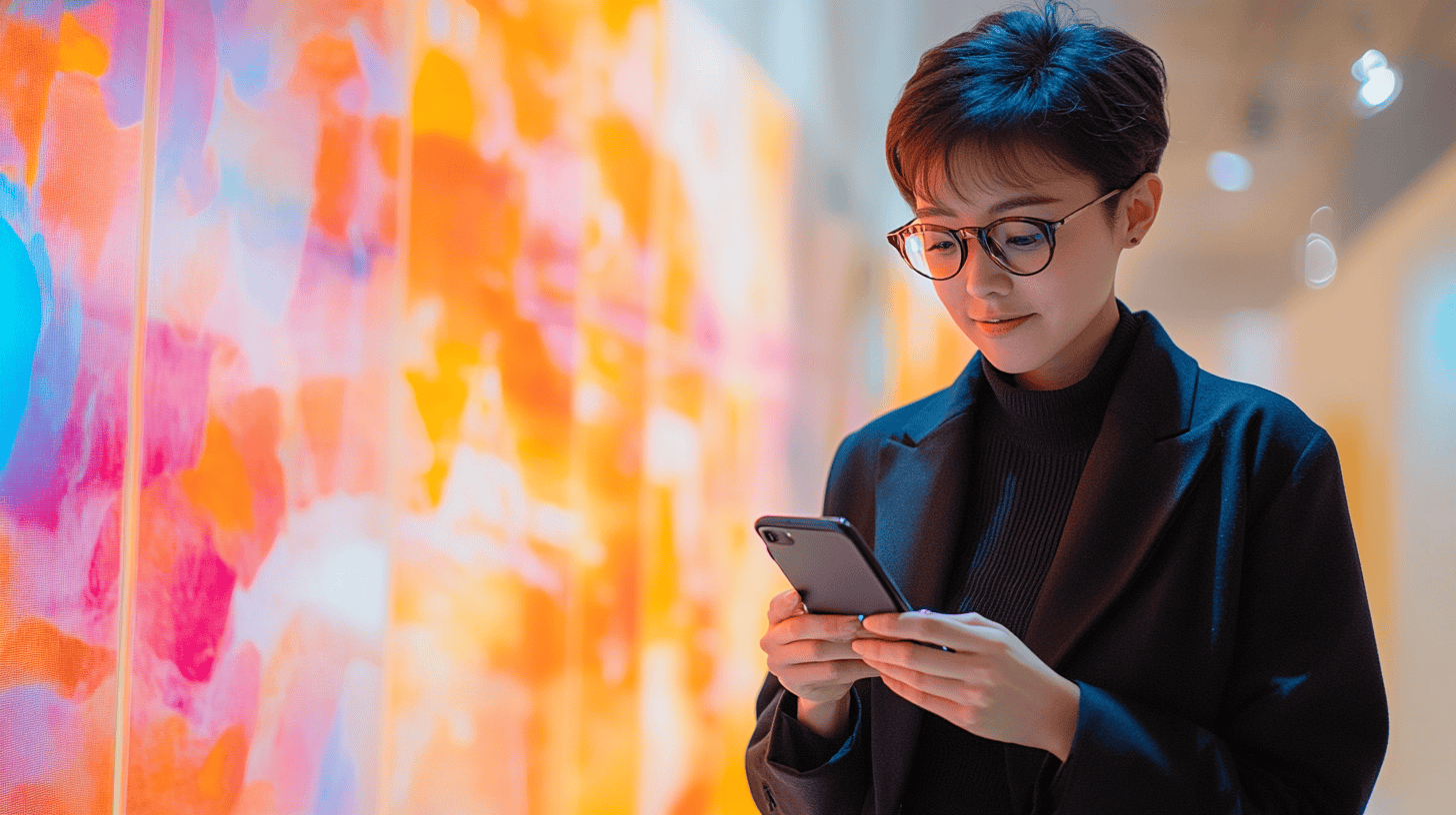 A woman in glasses checks her phone in front of colorful abstract wall art in a bright, modern space.
