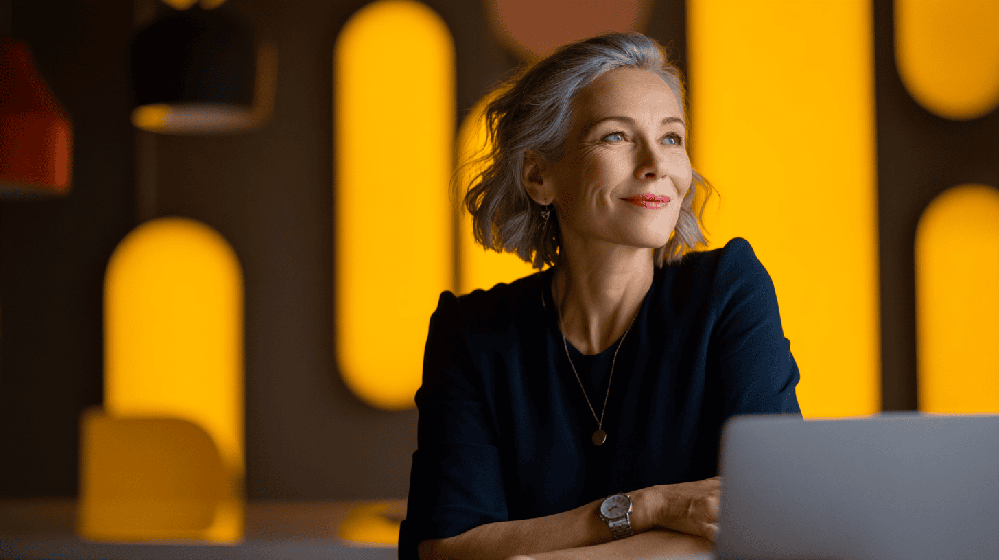 A stylish woman with silver hair sits at a desk, smiling and looking thoughtfully at her laptop in a brightly lit room.