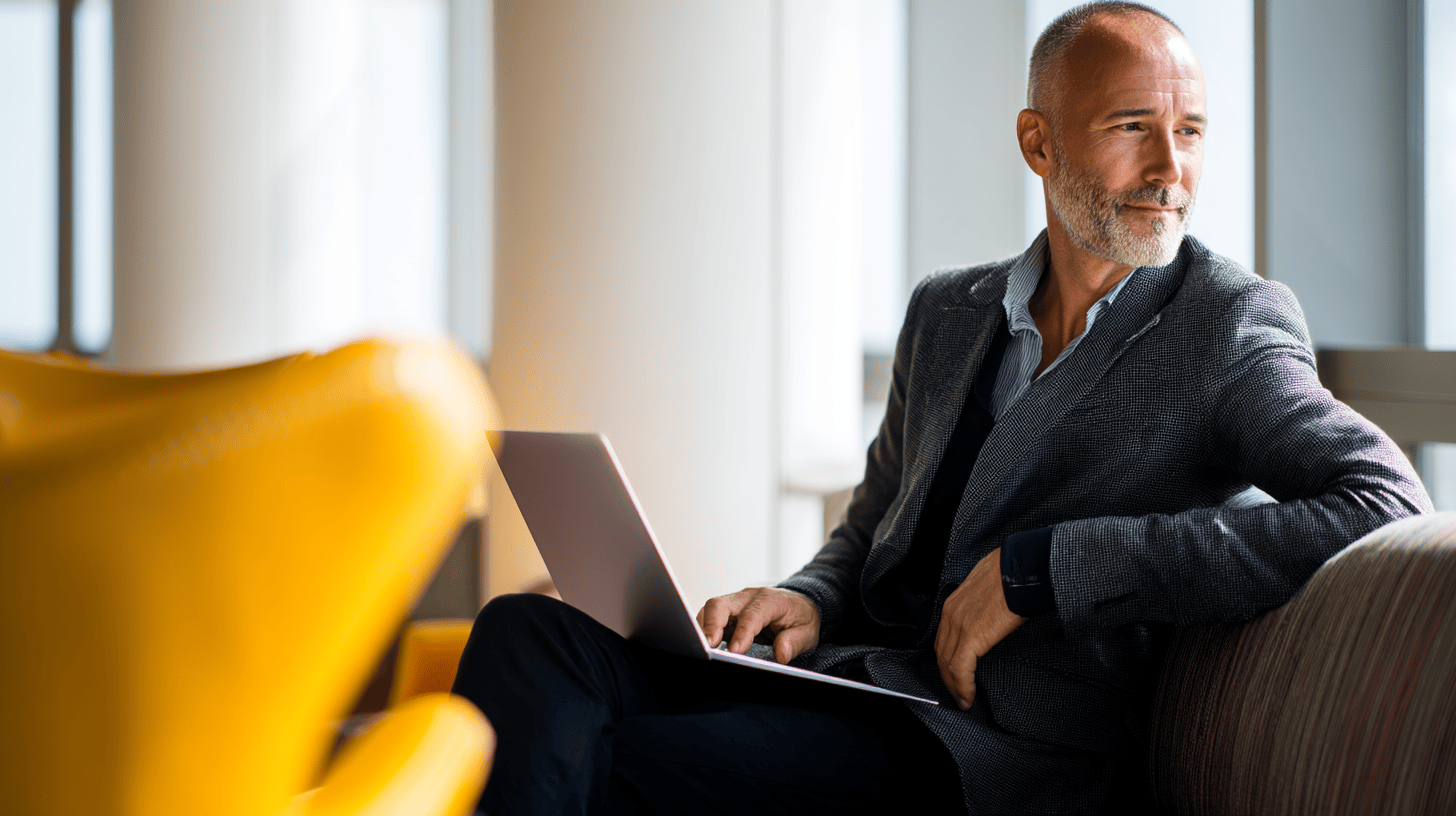 A man with a beard sits casually with a laptop, surrounded by modern furniture and large windows.