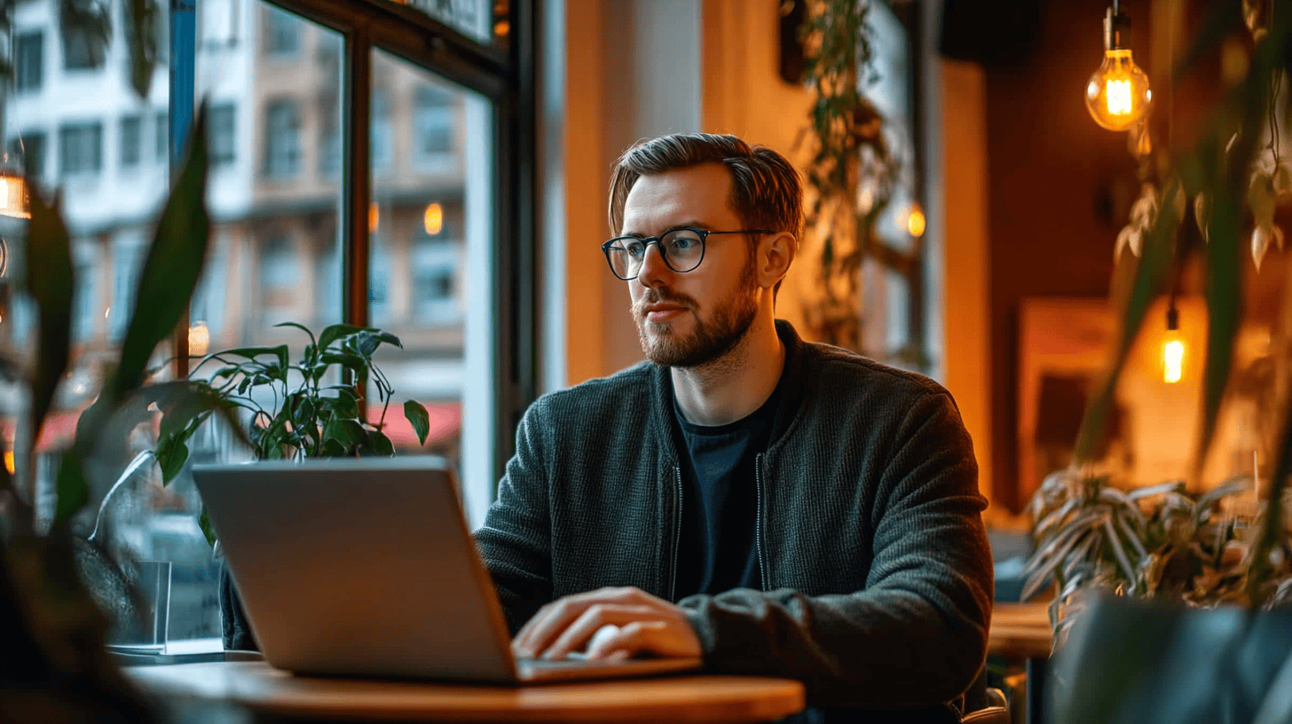 A man with glasses focused on a laptop, sitting at a table surrounded by plants in a cozy, well-lit cafe.