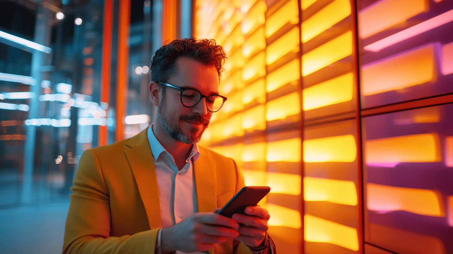 A man in a yellow blazer looks at his phone, surrounded by vibrant orange and blue lighting in a modern setting.