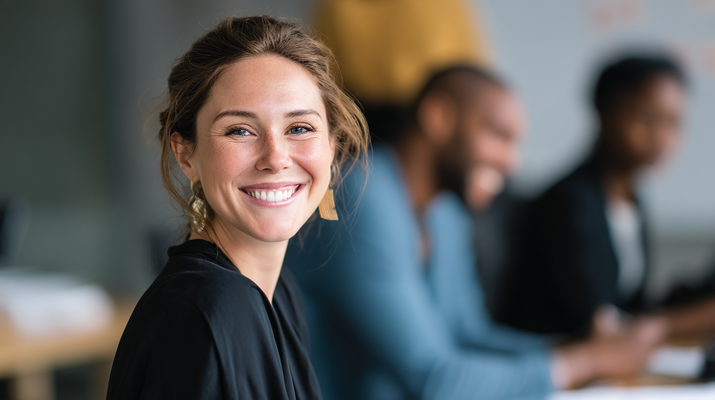 Smiling woman in a black shirt, with blurred colleagues in the background, engaged in a work setting.