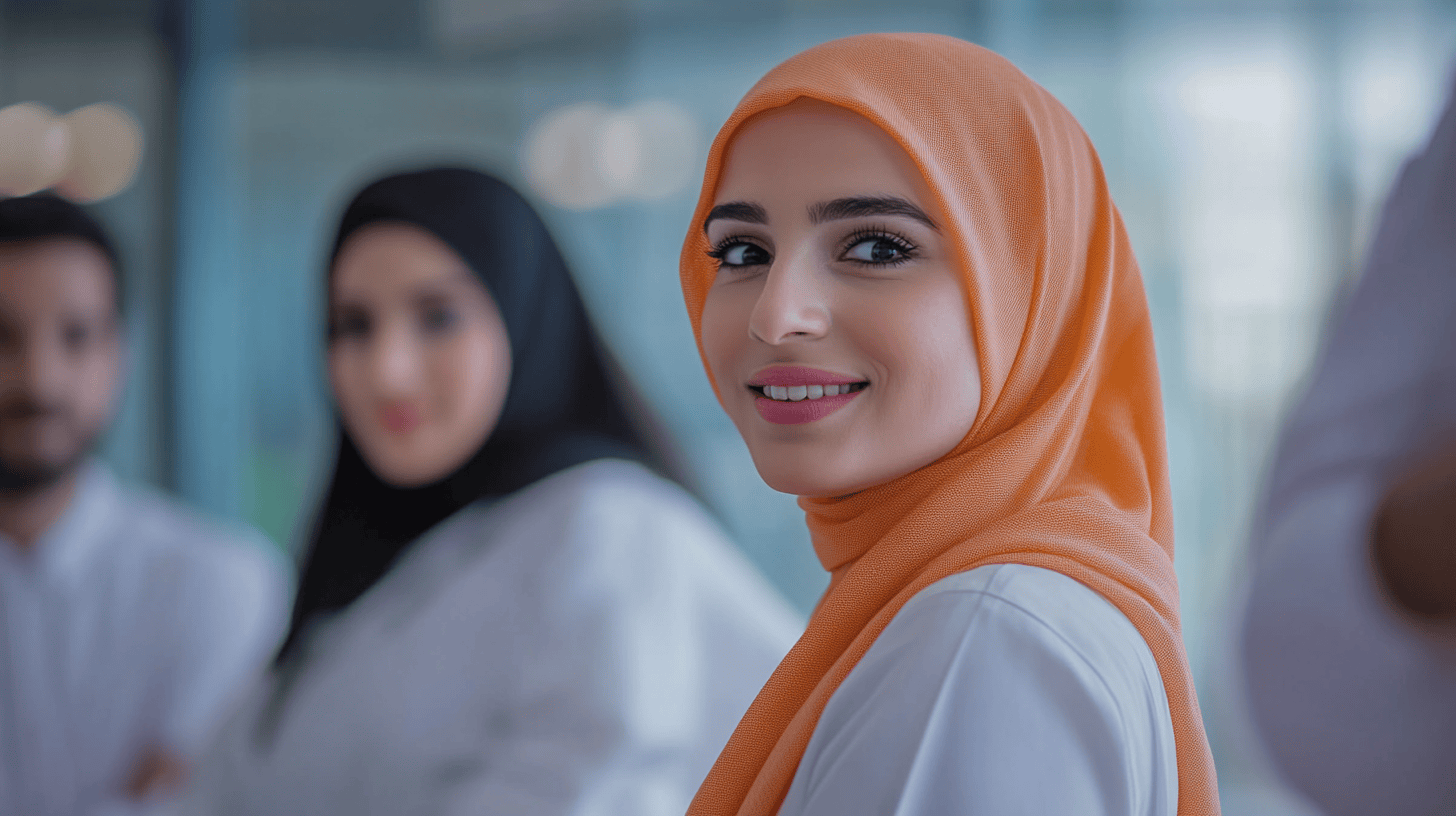 A woman in an orange hijab smiles confidently, with blurred figures in a professional setting behind her.