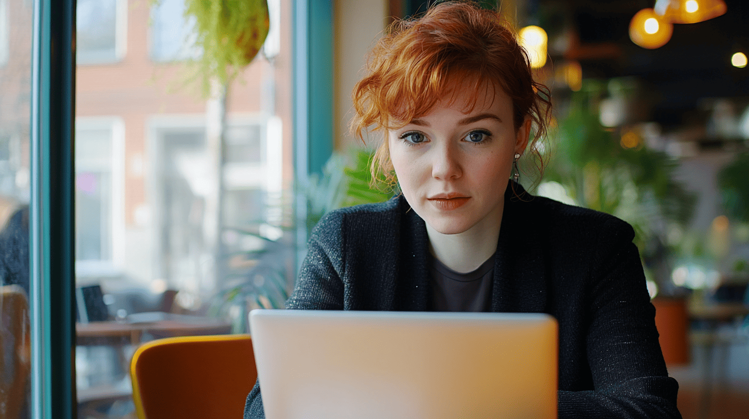 A woman with red curly hair sits at a cafe, focused on her laptop, surrounded by plants and soft lighting.
