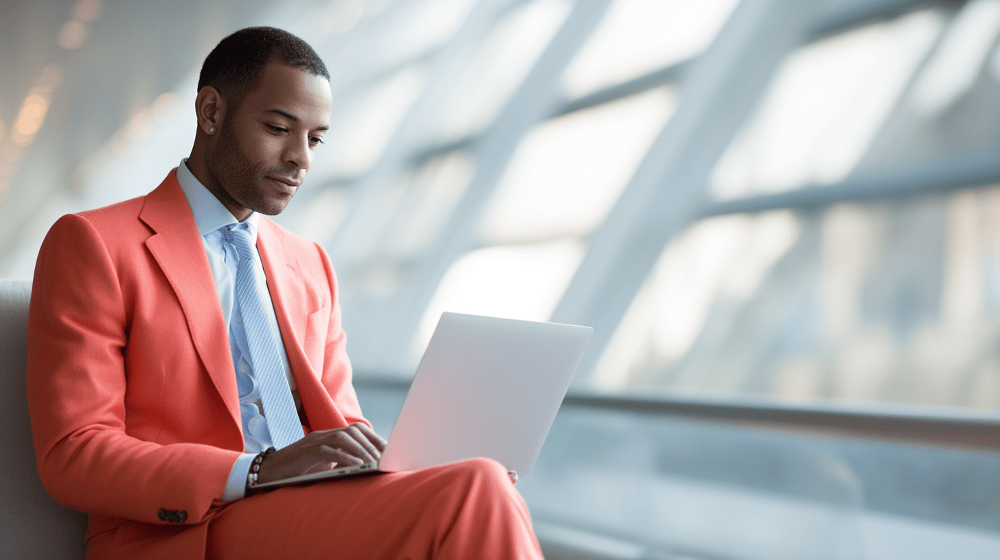 A man in an orange suit and blue tie sits on a couch, using a laptop in a bright, modern setting.