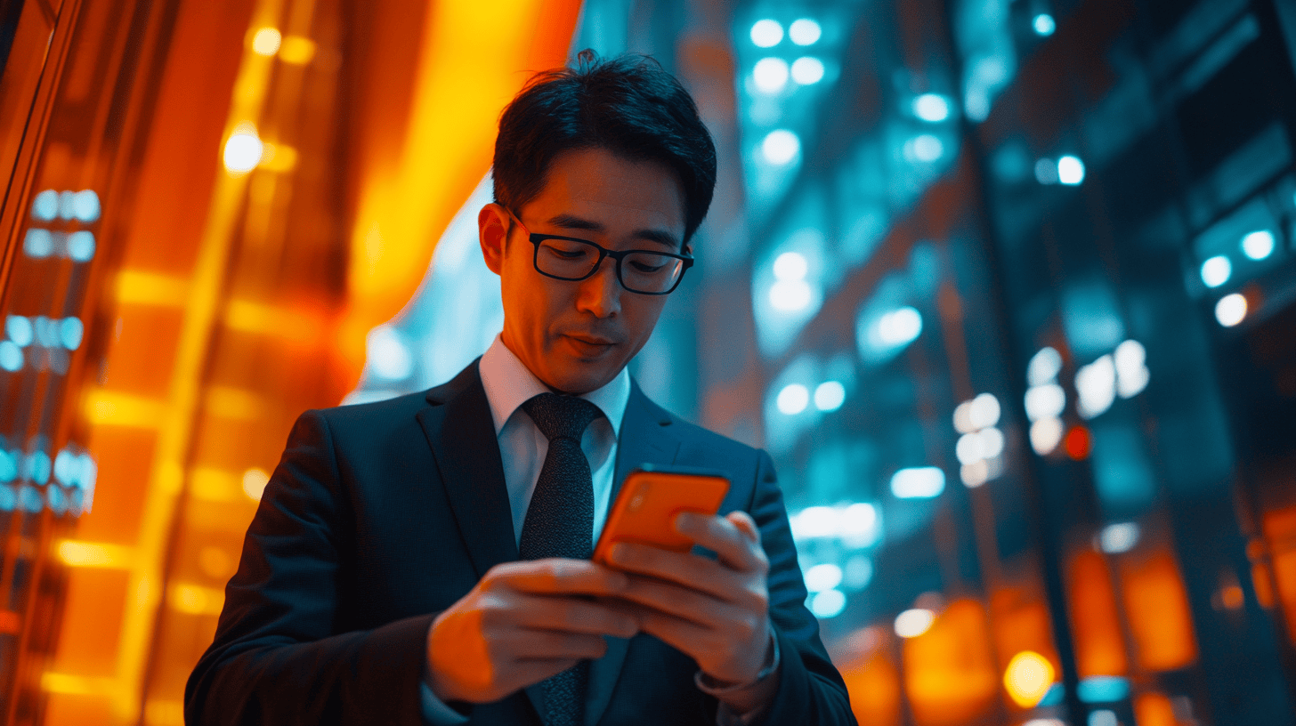A man in a suit checks his smartphone in a brightly lit urban environment with blue and orange hues.