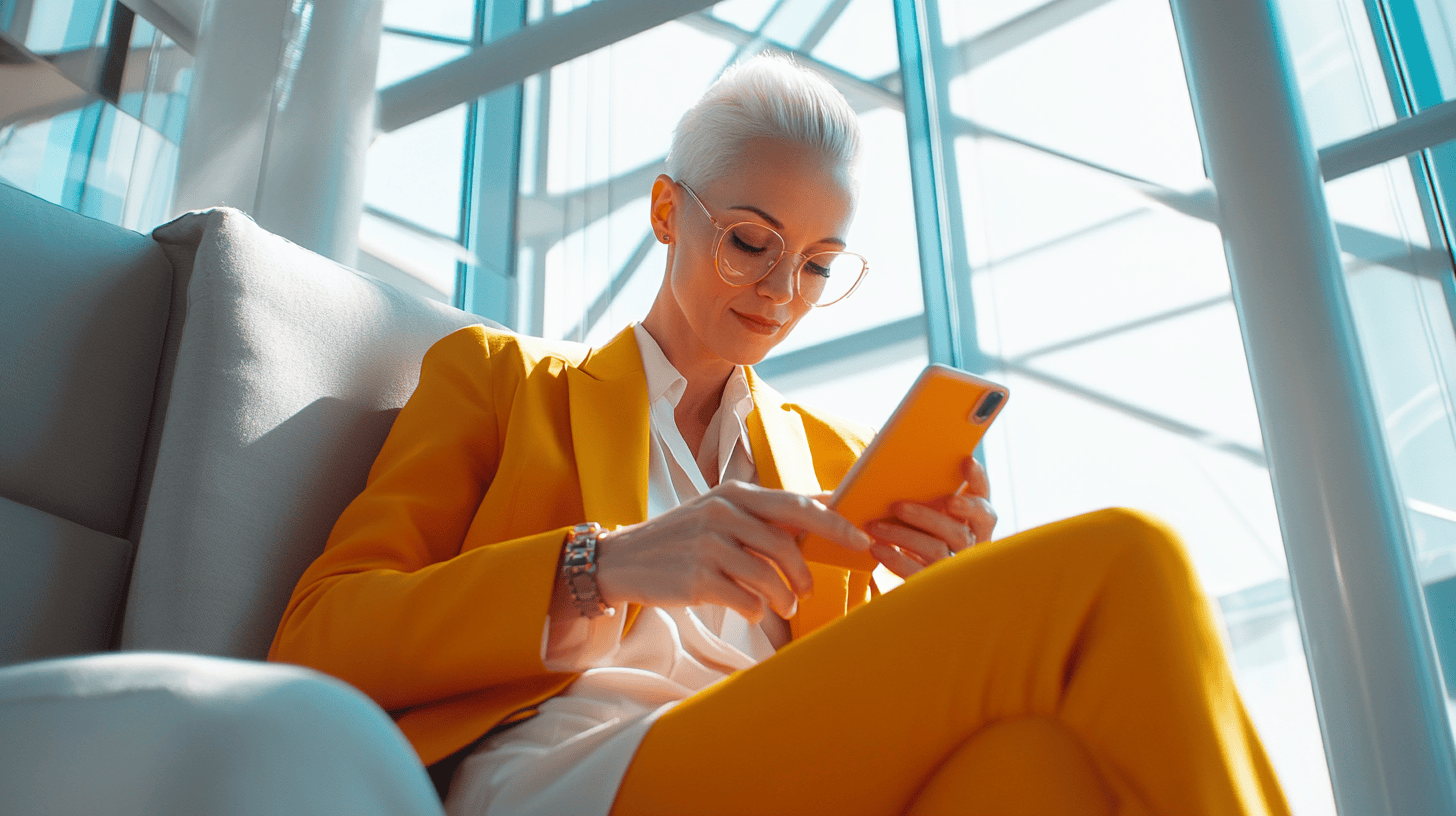 A woman in a bright yellow suit sits on a couch, focused on her smartphone, in a sunlit modern space.