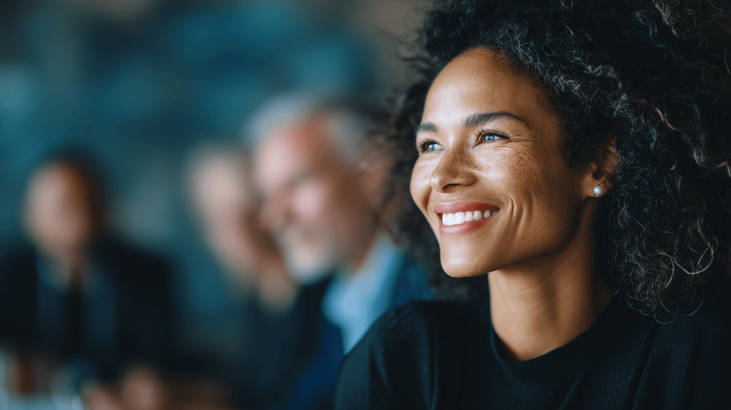 Smiling woman with curly hair and freckles, sitting at a table with blurred colleagues in the background.