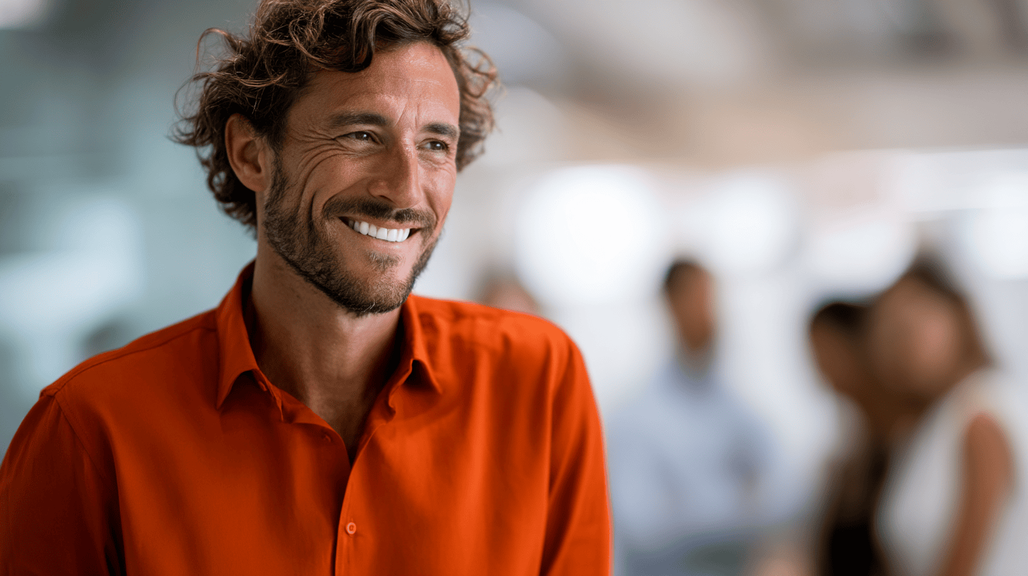 A smiling man in an orange shirt stands in an office setting, with blurred people in the background.