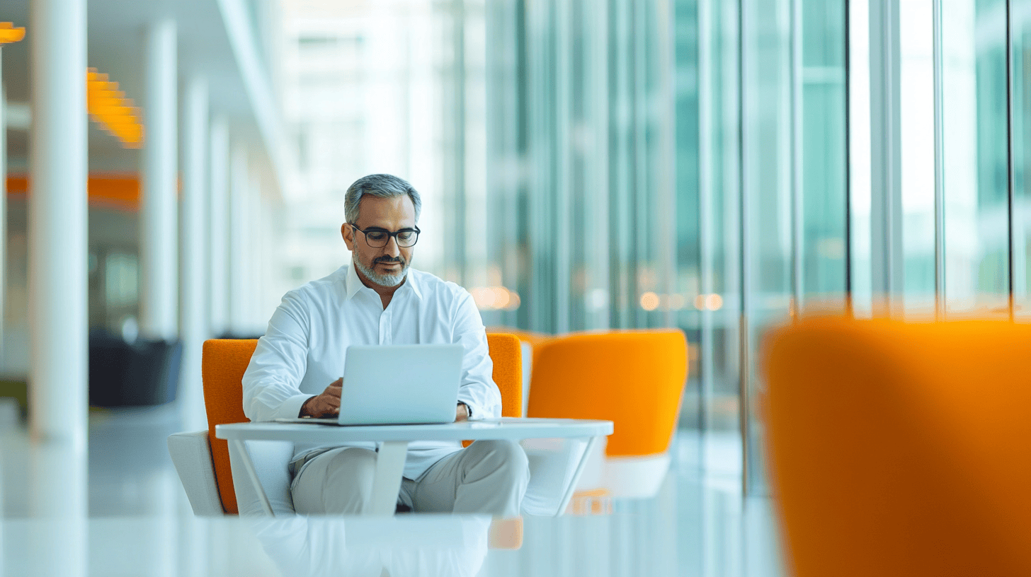 A man in a white shirt works on a laptop at a table in a bright, modern space with orange chairs.