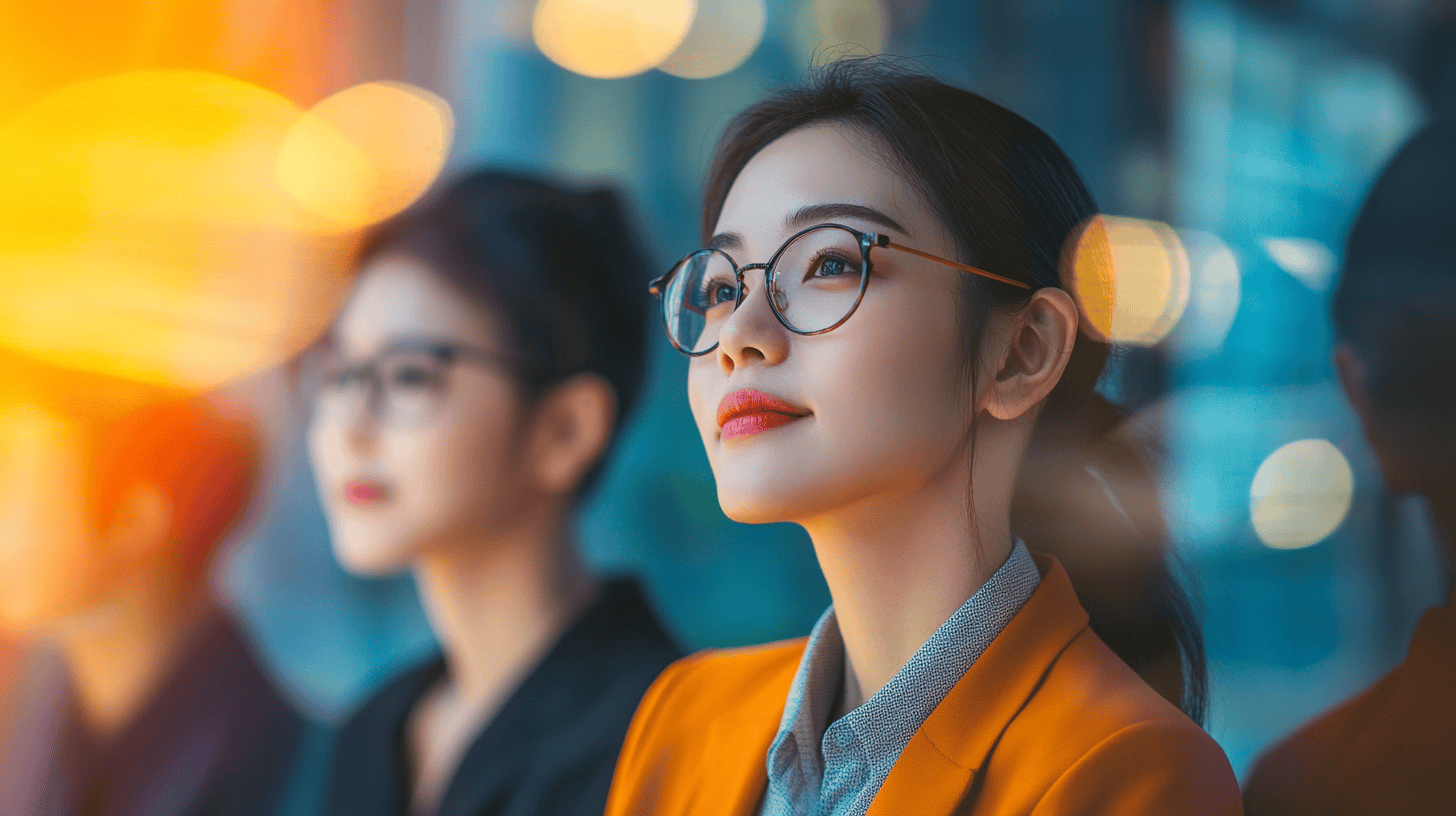 A woman with glasses and an orange blazer gazes thoughtfully, with blurred silhouettes of others in the background.