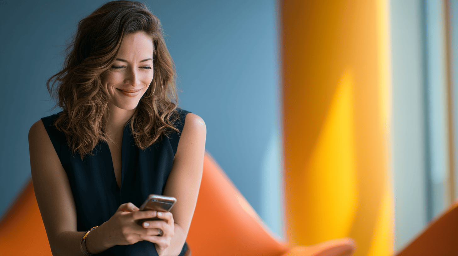 A smiling woman with wavy hair looks at her smartphone, seated against a colorful background in a well-lit space.