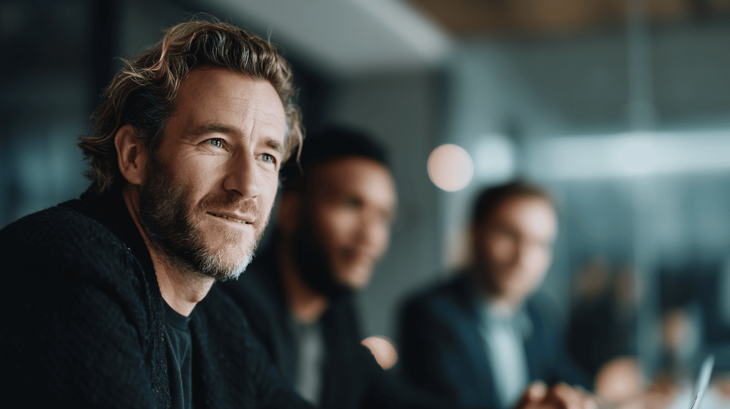 A close-up of a man with wavy hair and a beard, listening intently in a meeting, with two blurred colleagues behind him.