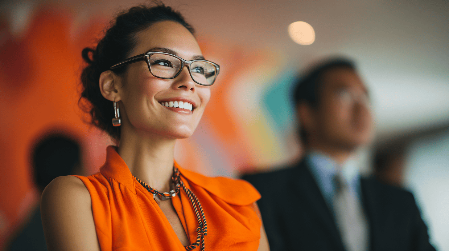 A woman in an orange blouse smiles confidently, wearing glasses, with a blurred figure in a suit in the background.