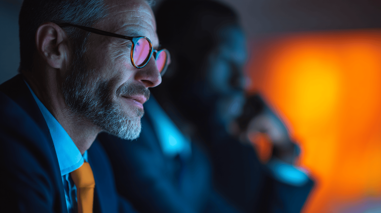 Two businessmen are seated, one with glasses and a beard, and the other in silhouette, against a softly lit background.