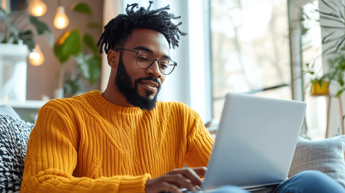 A man in a yellow sweater sits on a sofa, focused on his laptop, with greenery and soft lighting in the background.