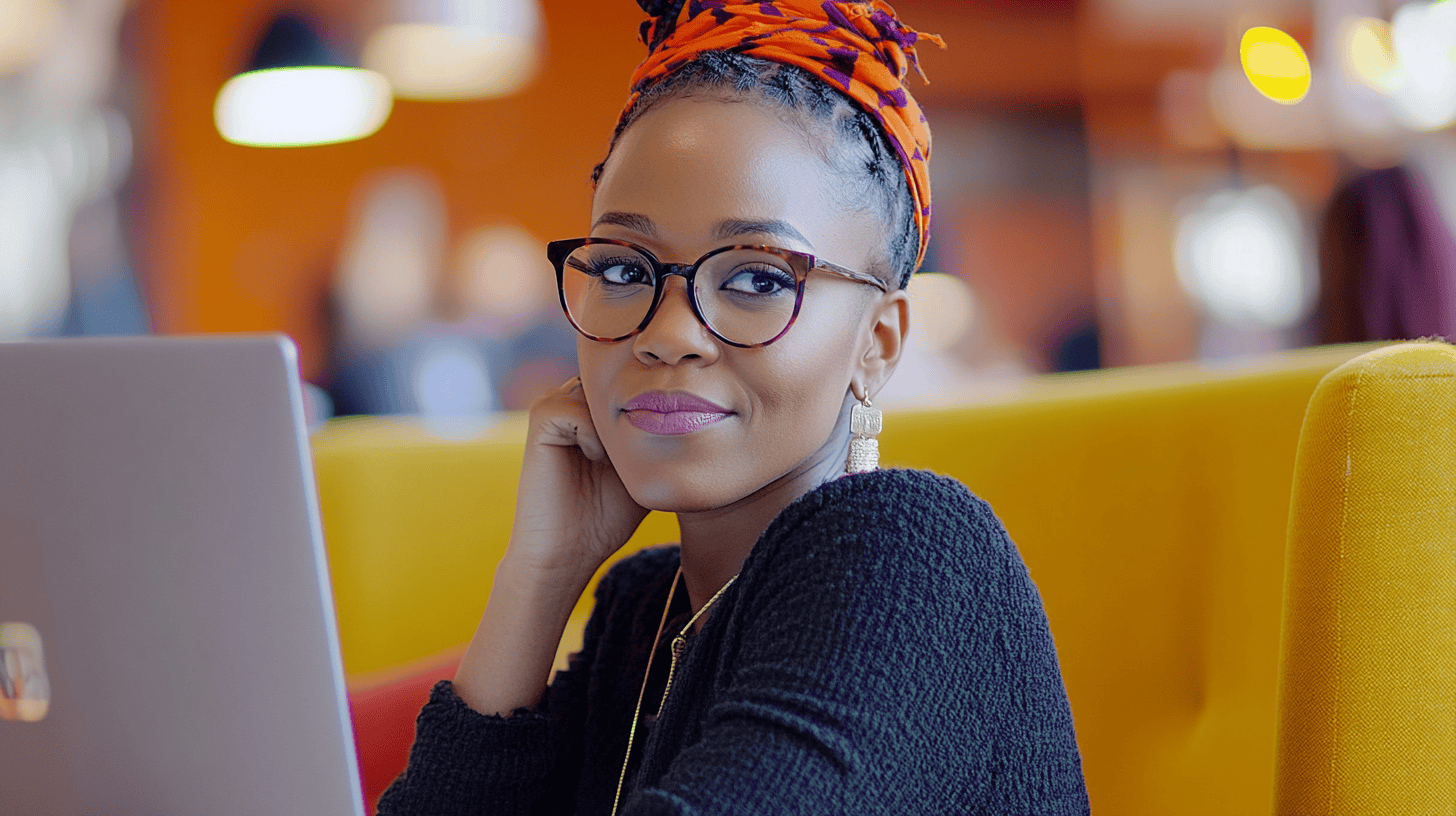 A young woman with glasses and a colorful head wrap sits at a laptop, resting her chin on her hand, smiling.