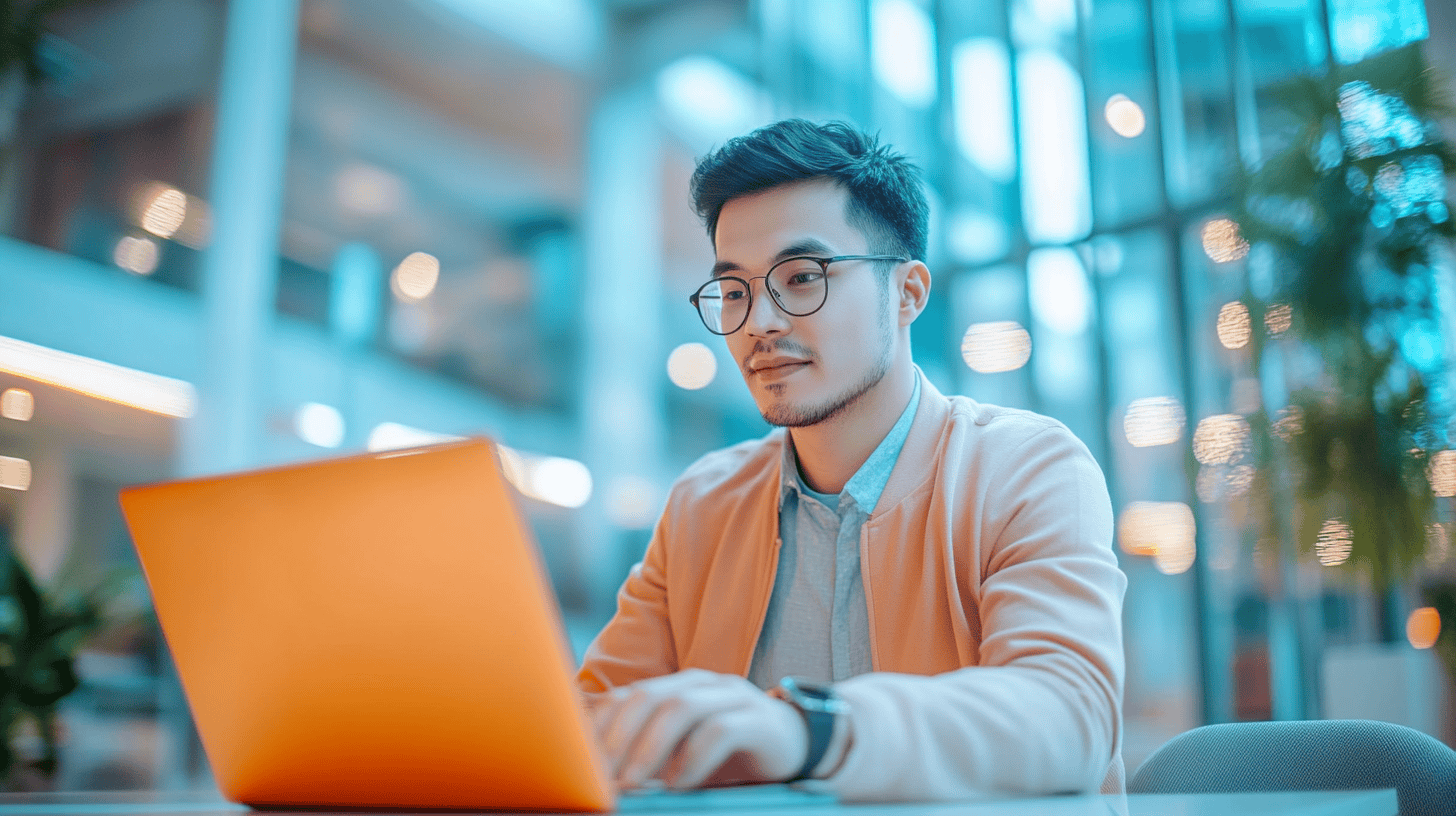 A young man in glasses works on an orange laptop in a bright, modern office space with large windows and greenery.