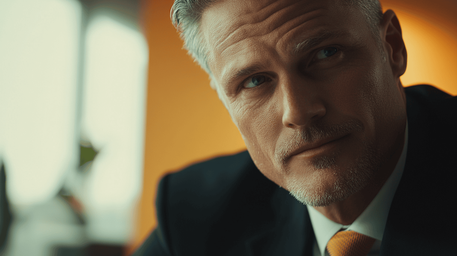 A close-up of a man in a suit, with silver hair and a thoughtful expression, set against a warm, blurred background.