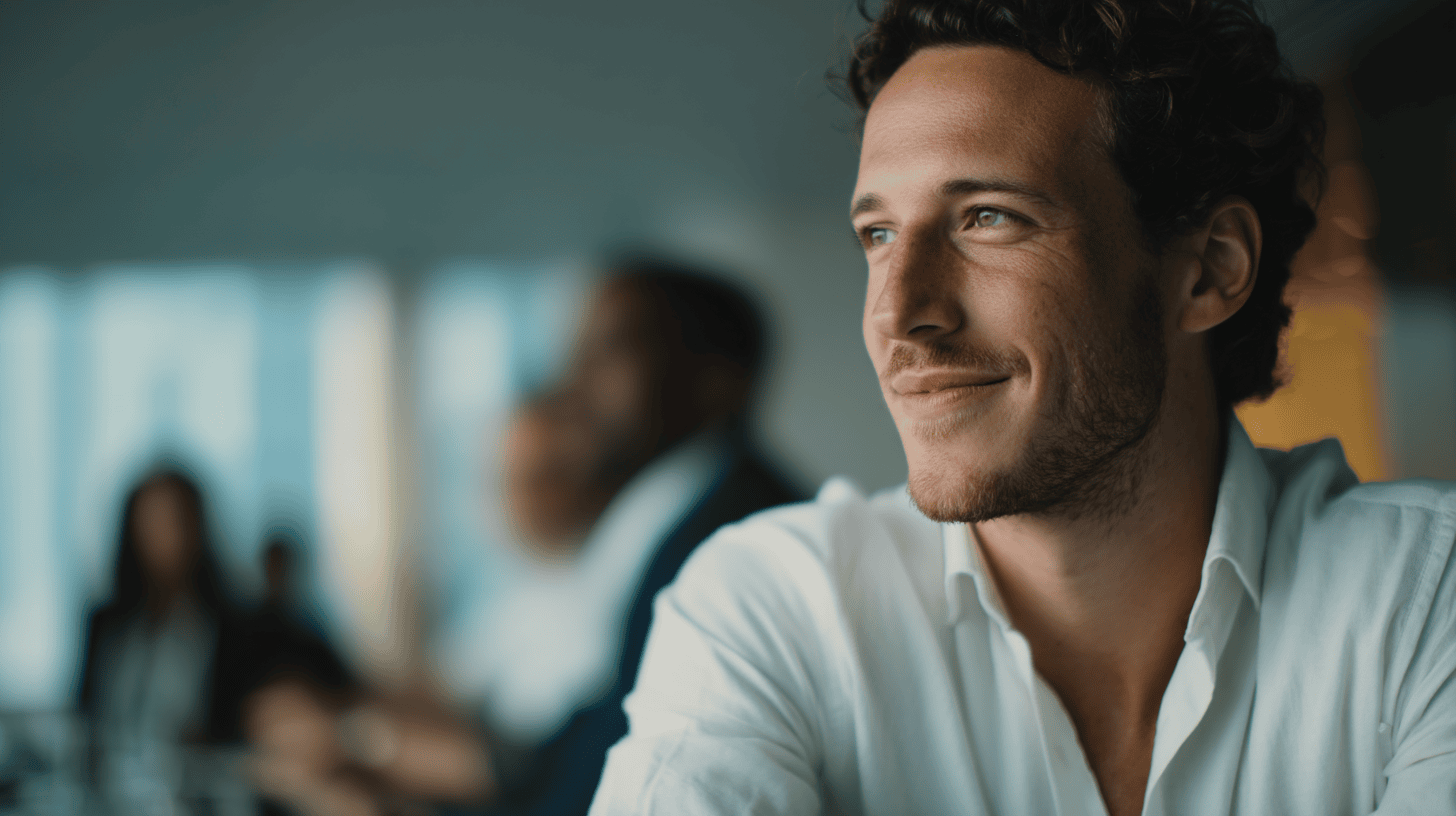 A confident young man in a white shirt smiles while seated in a modern office with blurred colleagues in the background.