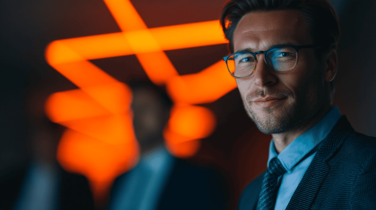 A man in a suit and glasses smiles, with orange neon lights blurred in the background.
