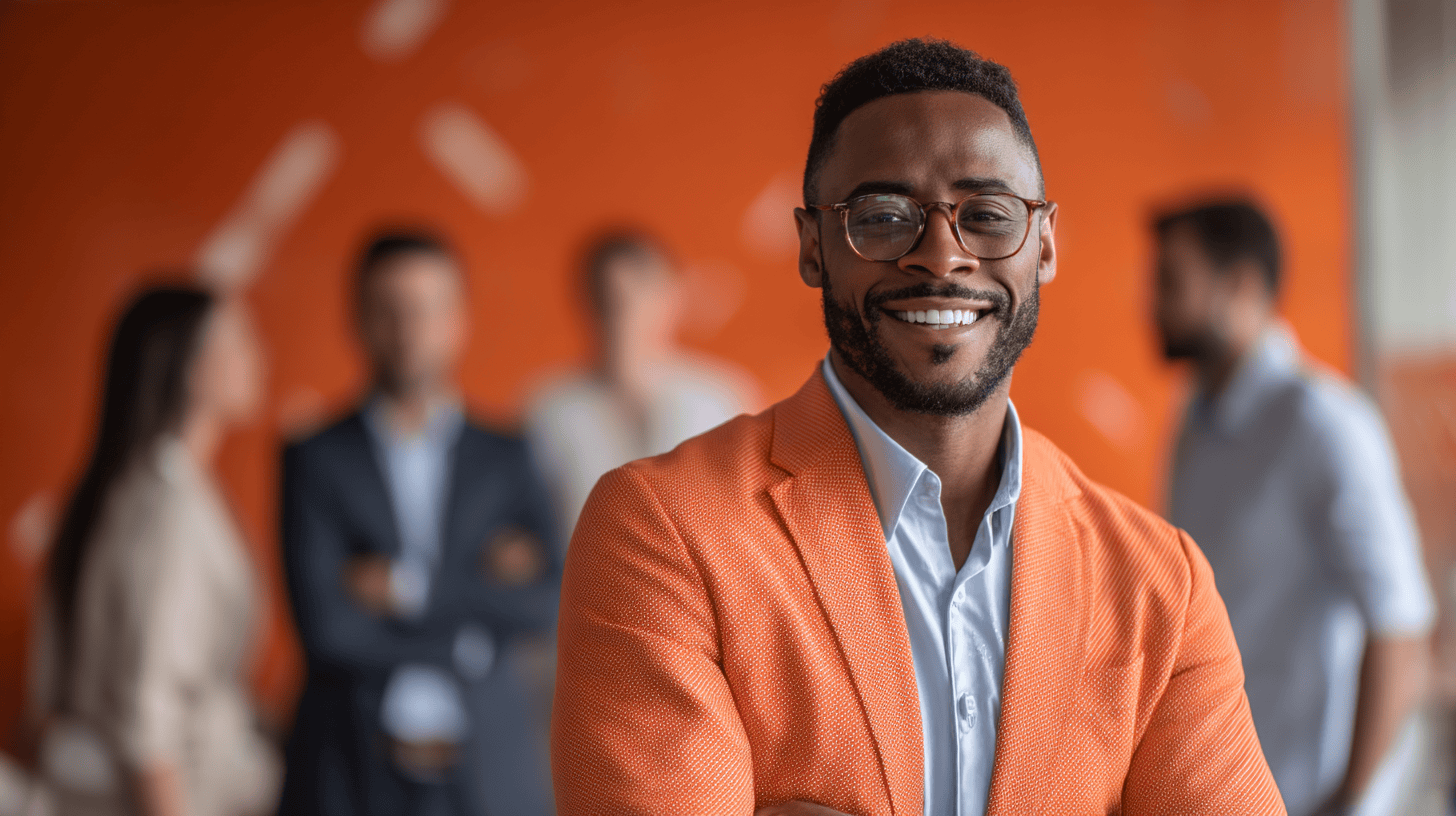 A smiling man in an orange blazer stands in front of blurred colleagues against an orange wall.