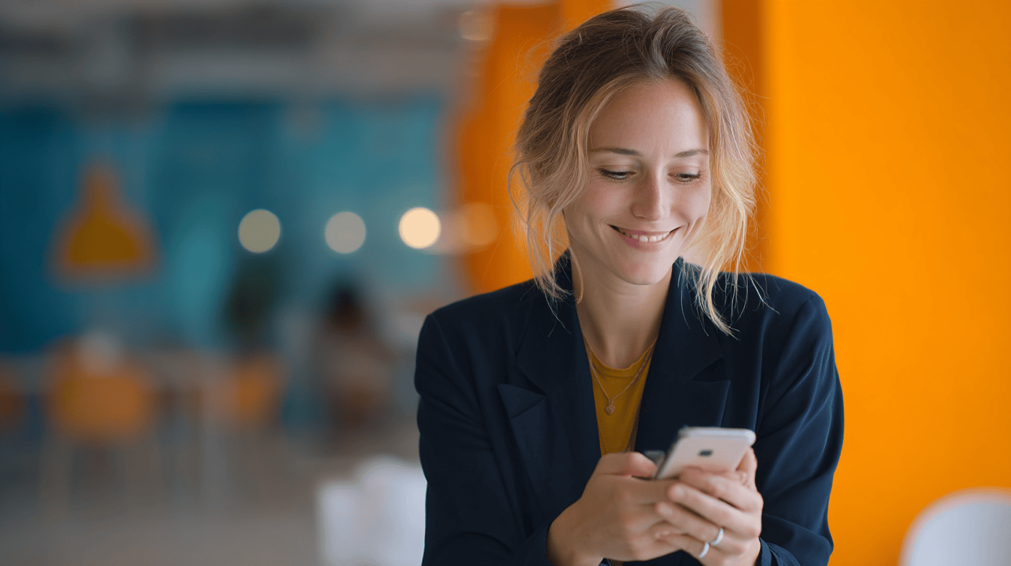 Smiling woman in a blazer looking at her phone, seated in a bright, modern workspace with orange and blue accents.