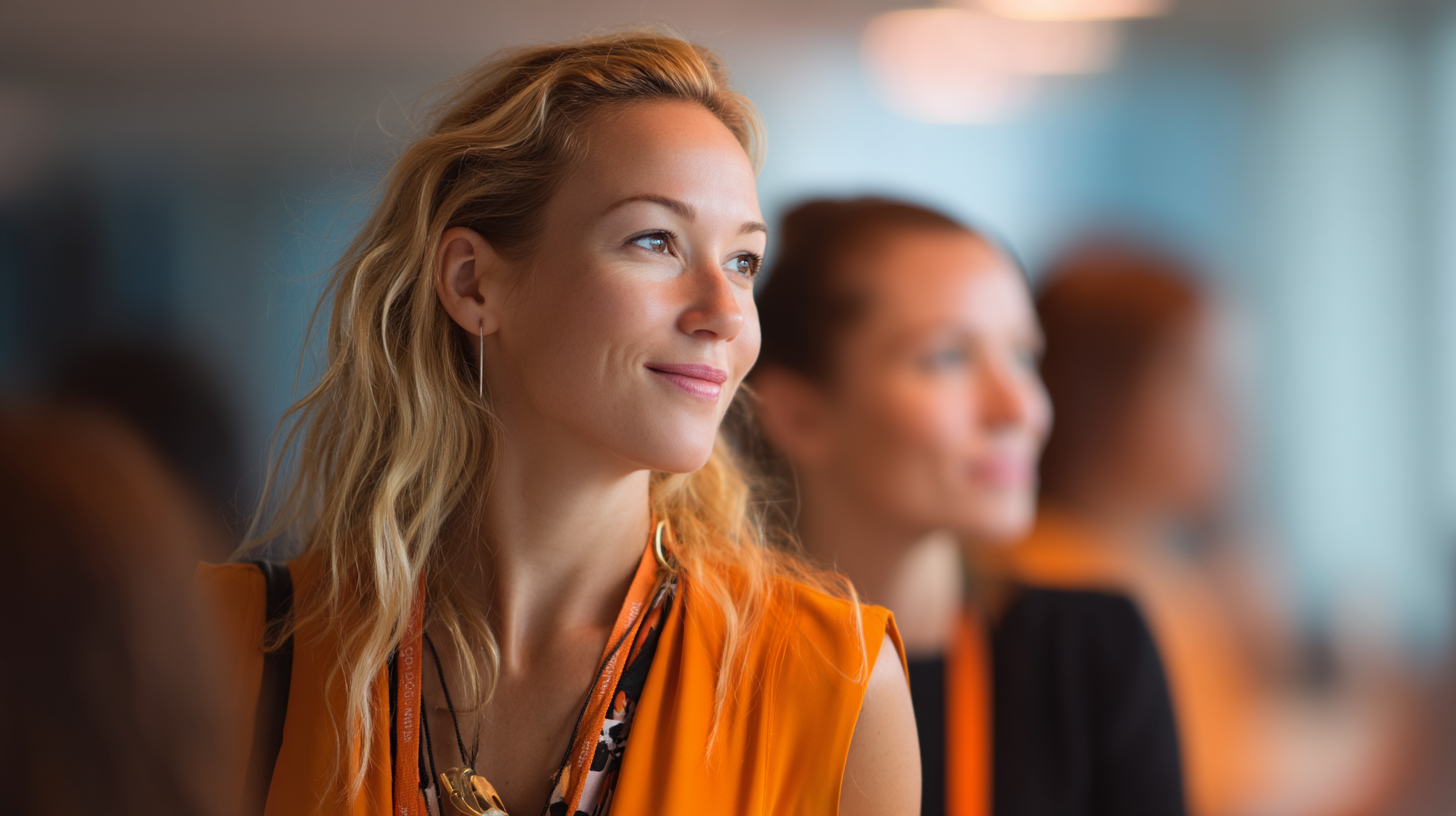 A woman with wavy blonde hair, wearing an orange top and earrings, smiles while looking off to the side with blurred figures behind her.