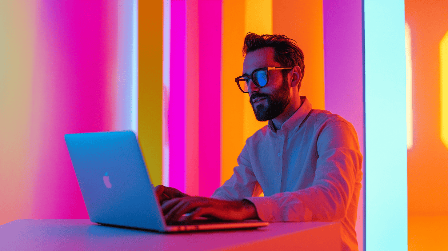 A man with glasses types on a laptop, surrounded by colorful, illuminated vertical panels in a modern setting.