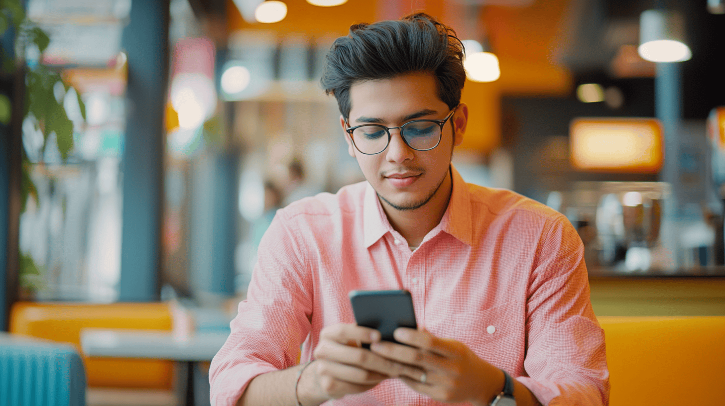 A young man in a pink shirt sits at a cafe, looking at his smartphone amidst colorful seating and a bright background.