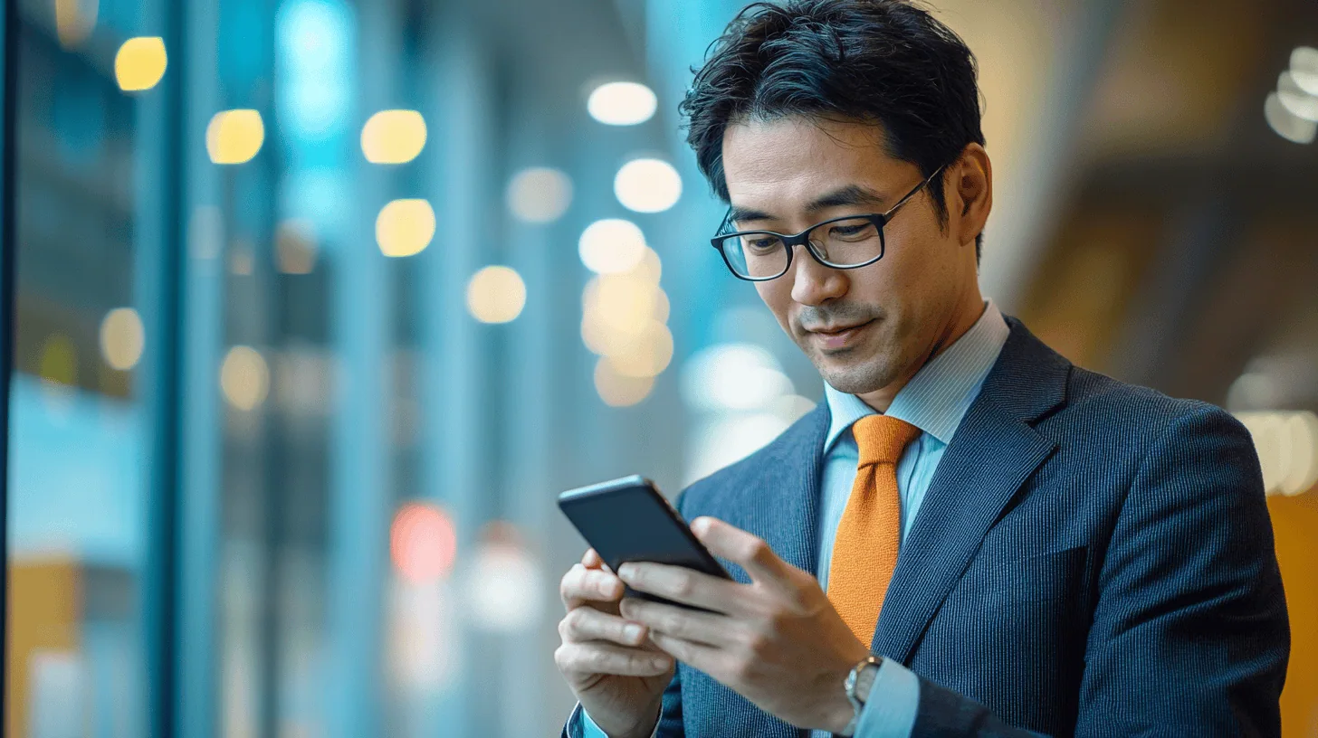 A man in a suit with glasses and an orange tie uses his smartphone in a bright, modern environment.